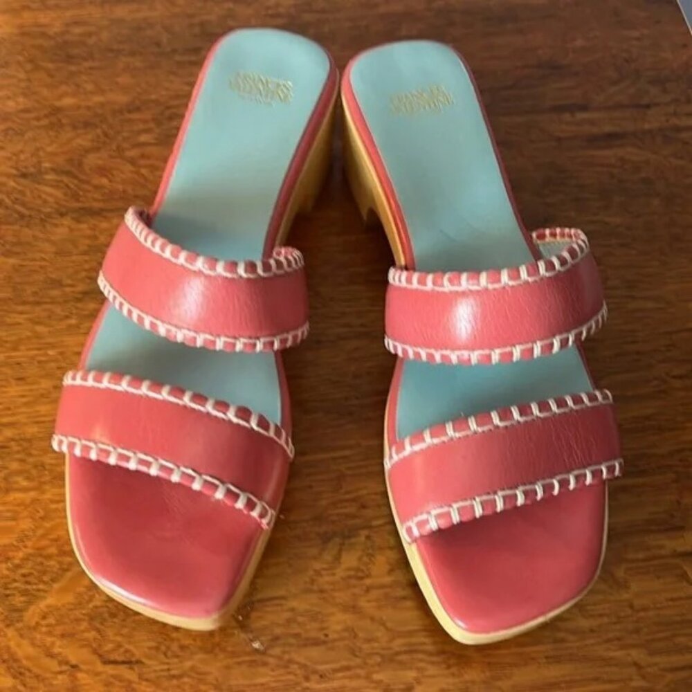 NWOT Frances Valentine Pink Whip Stitch Leather Wooden Sandals size 7.5 NEW